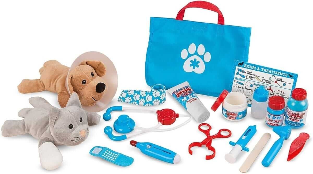 "The Melissa & Doug Pet Vet Play Set laid out, featuring plush dog and cat, toy medical tools like a stethoscope, syringes, and bottles, all against a white background."