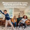 "Two kids playing an AI-powered motion-tracking video game while a family watches, showing how the Nex Playground system tracks body movements for gameplay without controllers."