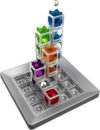 "A colorful 3D marble run puzzle game with transparent cube towers on a grid base, featuring marbles dropping through different paths."