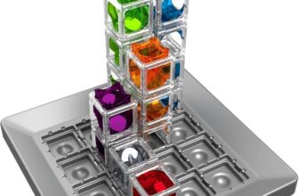 "A colorful 3D marble run puzzle game with transparent cube towers on a grid base, featuring marbles dropping through different paths."