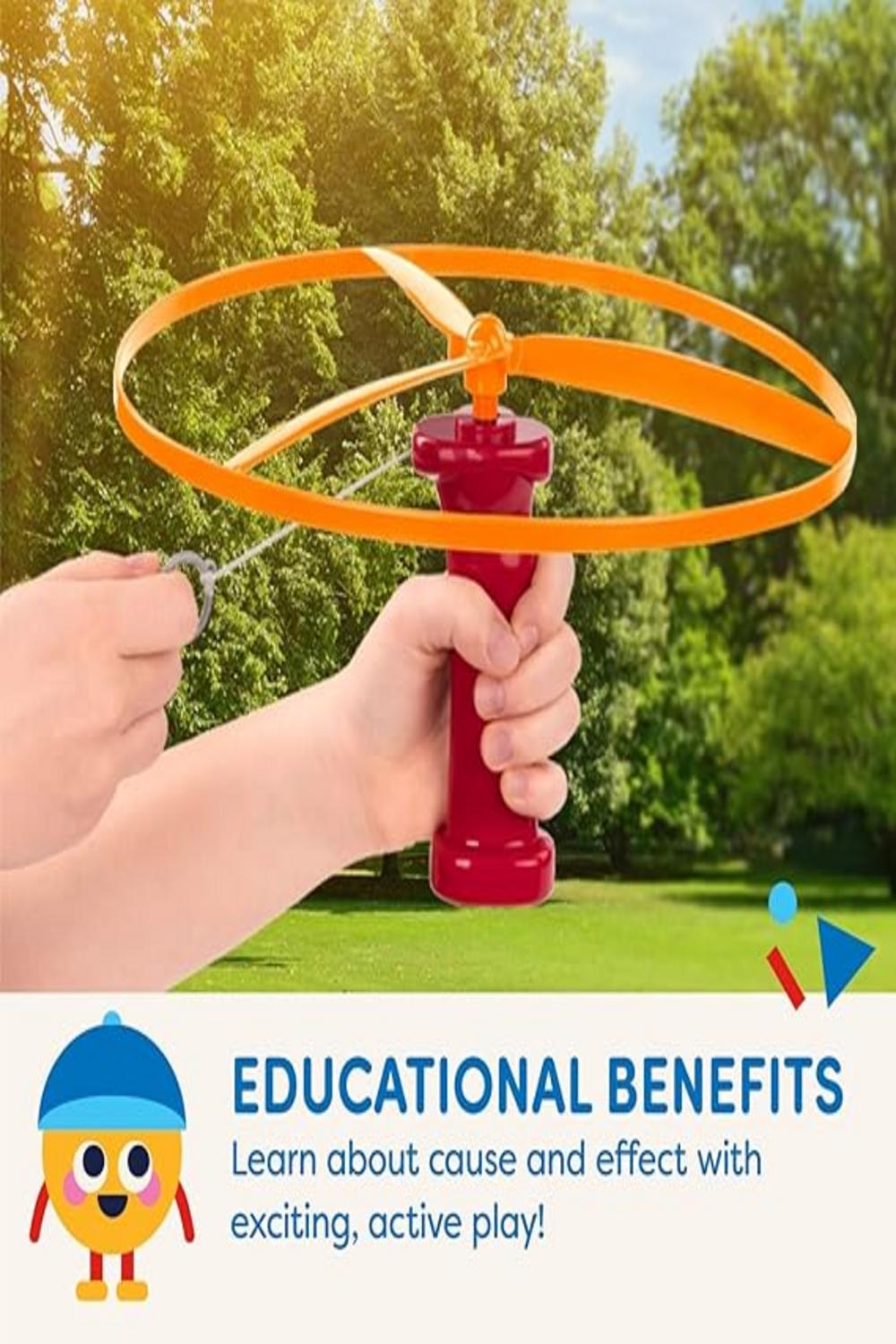 "Child playing with Battat Skyrocopter Flying Disc Toy under clear blue sky."